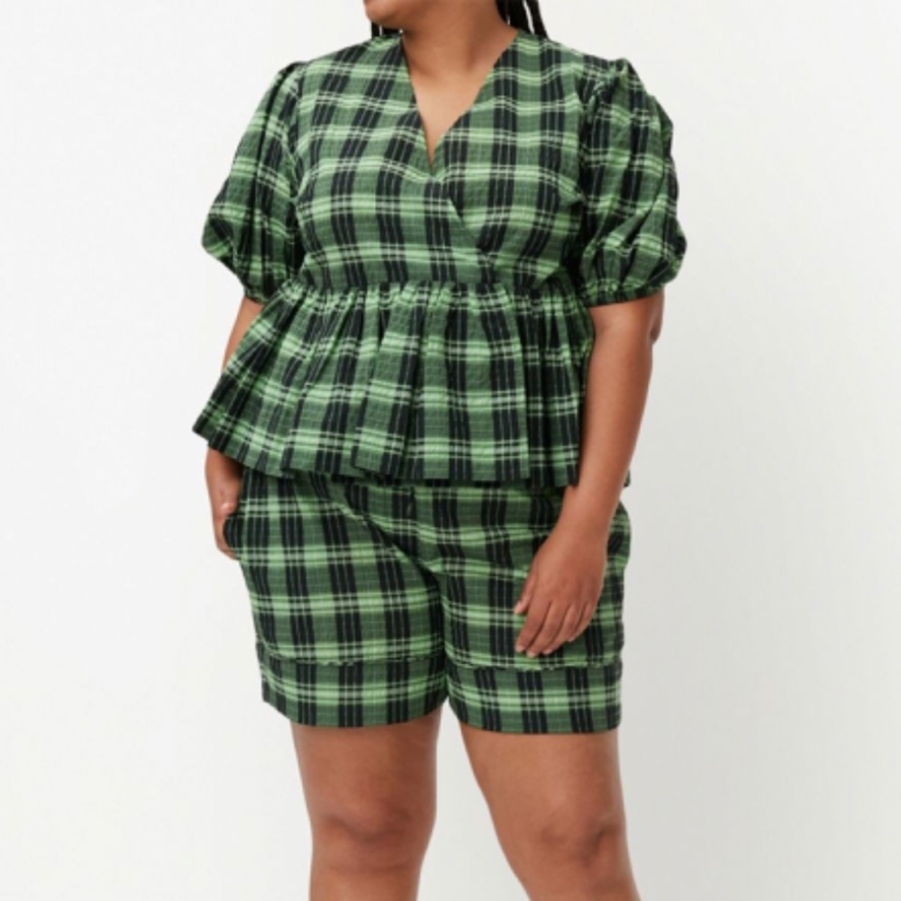GANNI plaid-check peplum blouse